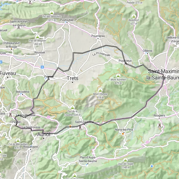 Mapa miniatúra "Okružná cyklistická trasa cez Saint-Maximin-la-Sainte-Baume" cyklistická inšpirácia v Provence-Alpes-Côte d’Azur, France. Vygenerované cyklistickým plánovačom trás Tarmacs.app