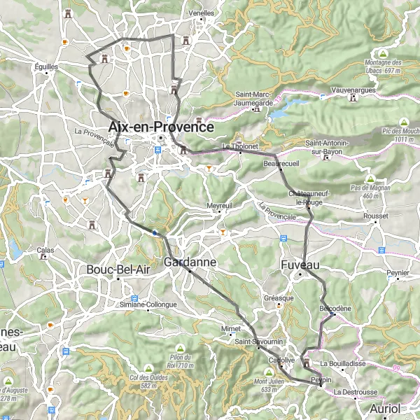 Zemljevid v pomanjšavi "Razgibana pot do Aix-en-Provence" kolesarske inspiracije v Provence-Alpes-Côte d’Azur, France. Generirano z načrtovalcem kolesarskih poti Tarmacs.app
