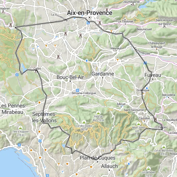 Zemljevid v pomanjšavi "Peypin - Aix-en-Provence Loop" kolesarske inspiracije v Provence-Alpes-Côte d’Azur, France. Generirano z načrtovalcem kolesarskih poti Tarmacs.app