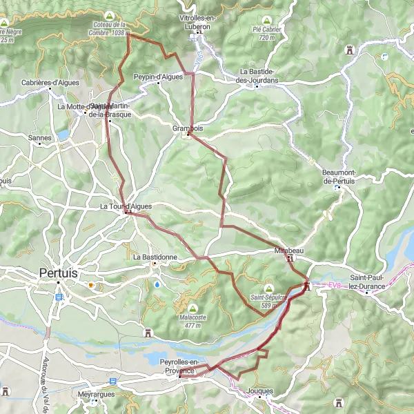 Mapa miniatúra "Gravelový okruh z Peyrolles-en-Provence" cyklistická inšpirácia v Provence-Alpes-Côte d’Azur, France. Vygenerované cyklistickým plánovačom trás Tarmacs.app