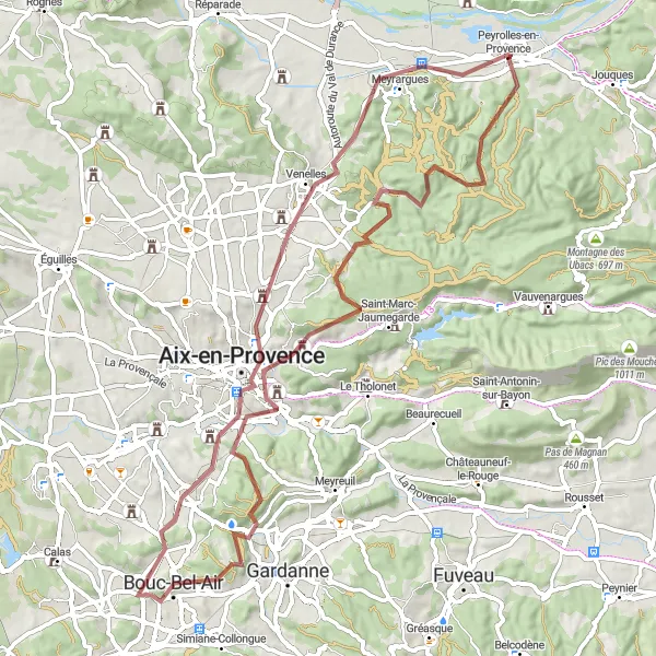 Miniatuurkaart van de fietsinspiratie "Avontuurlijke fietstocht in de omgeving van Aix-en-Provence" in Provence-Alpes-Côte d’Azur, France. Gemaakt door de Tarmacs.app fietsrouteplanner