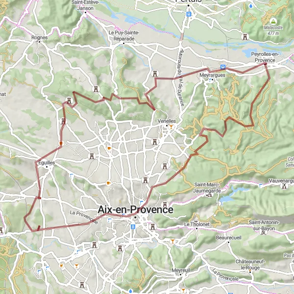 Miniaturekort af cykelinspirationen "Grusvejene ved Aix-en-Provence" i Provence-Alpes-Côte d’Azur, France. Genereret af Tarmacs.app cykelruteplanlægger