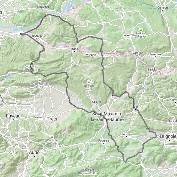 Kartminiatyr av "Utforskende sykkeltur gjennom Seillons-Source-d'Argens" sykkelinspirasjon i Provence-Alpes-Côte d’Azur, France. Generert av Tarmacs.app sykkelrutoplanlegger