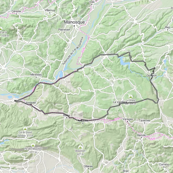 Miniatua del mapa de inspiración ciclista "Ruta de ciclismo de carretera por el hermoso campo de la región de Provence-Alpes-Côte d'Azur" en Provence-Alpes-Côte d’Azur, France. Generado por Tarmacs.app planificador de rutas ciclistas