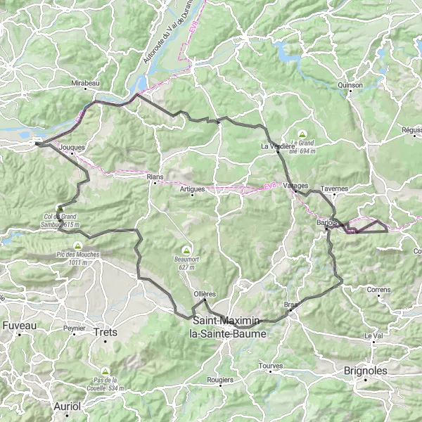 Miniaturní mapa "Okružní cyklistická trasa od Peyrolles-en-Provence" inspirace pro cyklisty v oblasti Provence-Alpes-Côte d’Azur, France. Vytvořeno pomocí plánovače tras Tarmacs.app