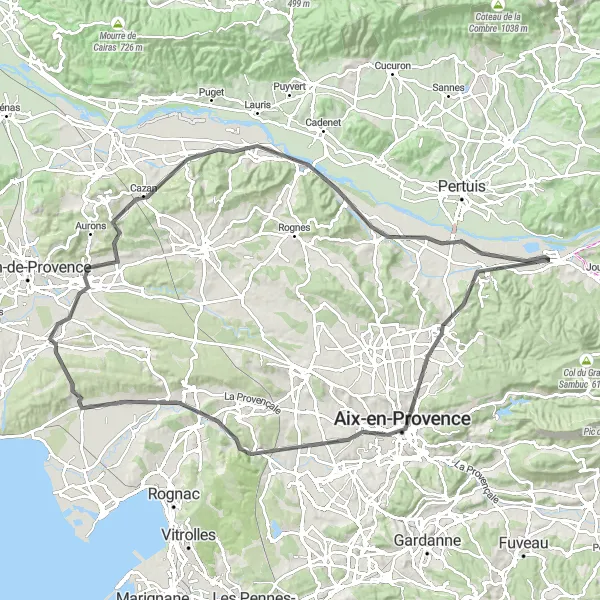 Zemljevid v pomanjšavi "Kolesarska pot skozi Provanco" kolesarske inspiracije v Provence-Alpes-Côte d’Azur, France. Generirano z načrtovalcem kolesarskih poti Tarmacs.app