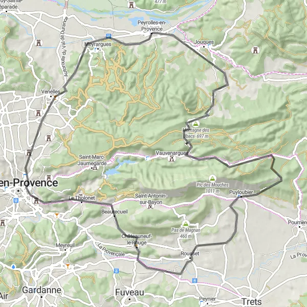 Mapa miniatúra "Okruh z Peyrolles-en-Provence" cyklistická inšpirácia v Provence-Alpes-Côte d’Azur, France. Vygenerované cyklistickým plánovačom trás Tarmacs.app