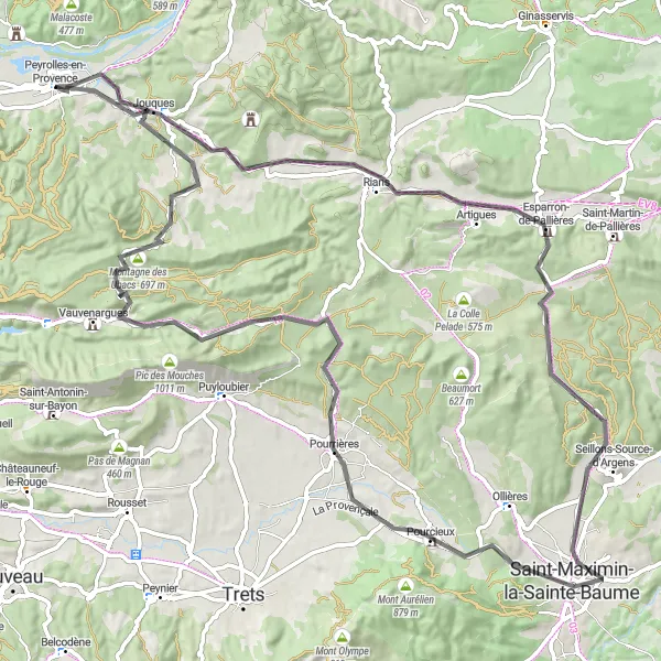 Miniaturekort af cykelinspirationen "Road cykeltur rundt om Peyrolles-en-Provence" i Provence-Alpes-Côte d’Azur, France. Genereret af Tarmacs.app cykelruteplanlægger