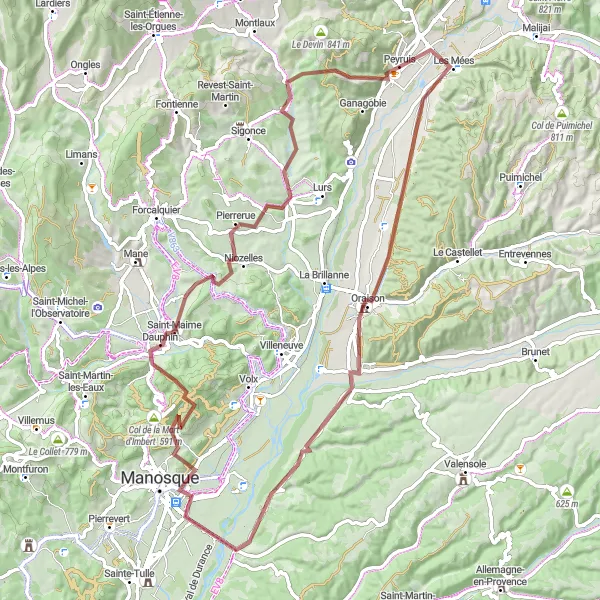 Miniaturekort af cykelinspirationen "Les Mées Grusvej Rundtur" i Provence-Alpes-Côte d’Azur, France. Genereret af Tarmacs.app cykelruteplanlægger
