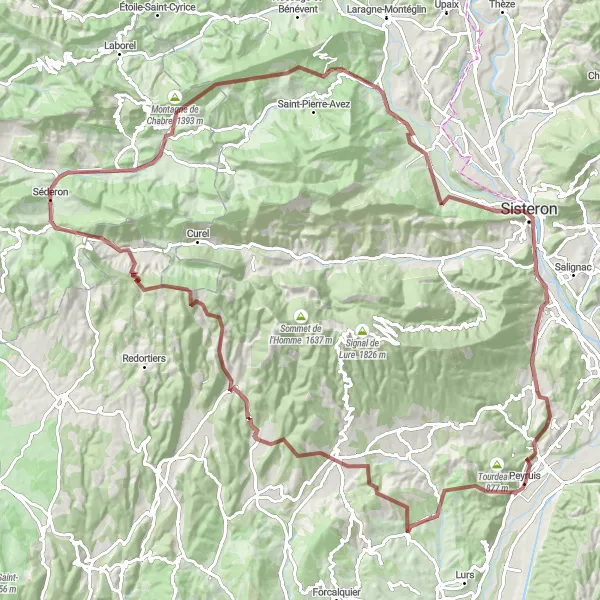 Map miniature of "Peyruis Gravel Adventure" cycling inspiration in Provence-Alpes-Côte d’Azur, France. Generated by Tarmacs.app cycling route planner