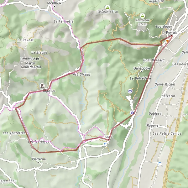 Zemljevid v pomanjšavi "Raziskovanje podeželja blizu Peyruisa" kolesarske inspiracije v Provence-Alpes-Côte d’Azur, France. Generirano z načrtovalcem kolesarskih poti Tarmacs.app