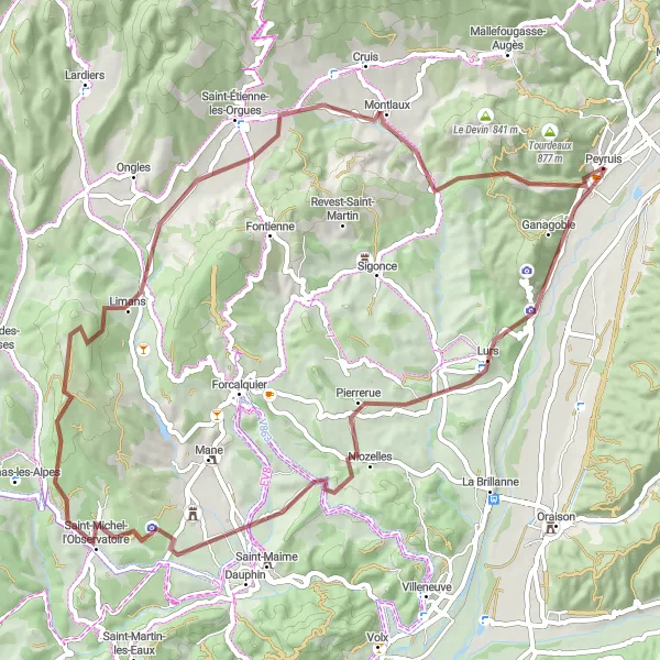 Miniatua del mapa de inspiración ciclista "Exploración en Grava con vistas impresionantes" en Provence-Alpes-Côte d’Azur, France. Generado por Tarmacs.app planificador de rutas ciclistas