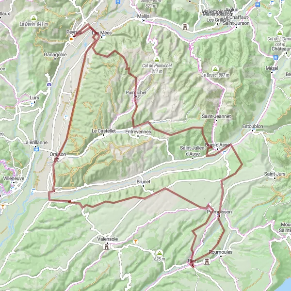 Miniaturní mapa "Gravel cyklotrasa kolem Peyruis" inspirace pro cyklisty v oblasti Provence-Alpes-Côte d’Azur, France. Vytvořeno pomocí plánovače tras Tarmacs.app