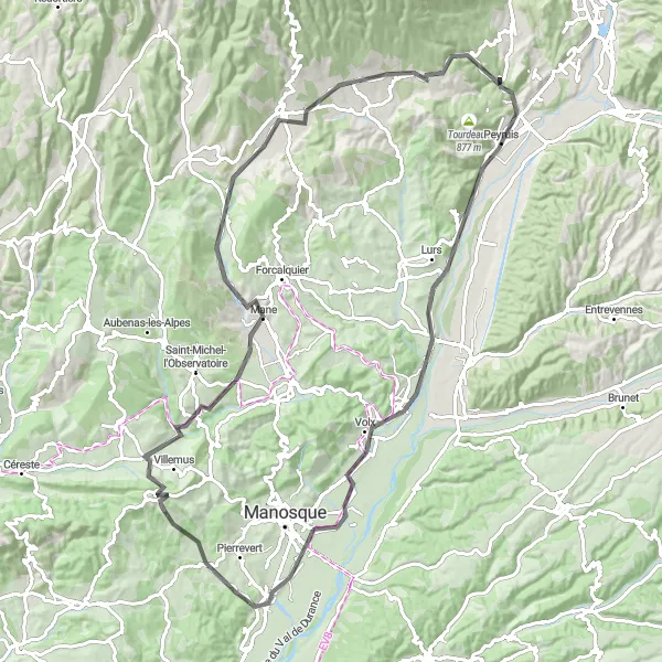 Kartminiatyr av "Asfalt Sykkeltur til Château Terraces og Saint-Étienne-les-Orgues" sykkelinspirasjon i Provence-Alpes-Côte d’Azur, France. Generert av Tarmacs.app sykkelrutoplanlegger