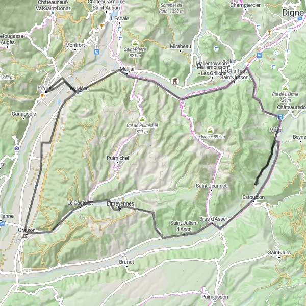 Miniature de la carte de l'inspiration cycliste "Les Mées à Mézel" dans la Provence-Alpes-Côte d’Azur, France. Générée par le planificateur d'itinéraire cycliste Tarmacs.app