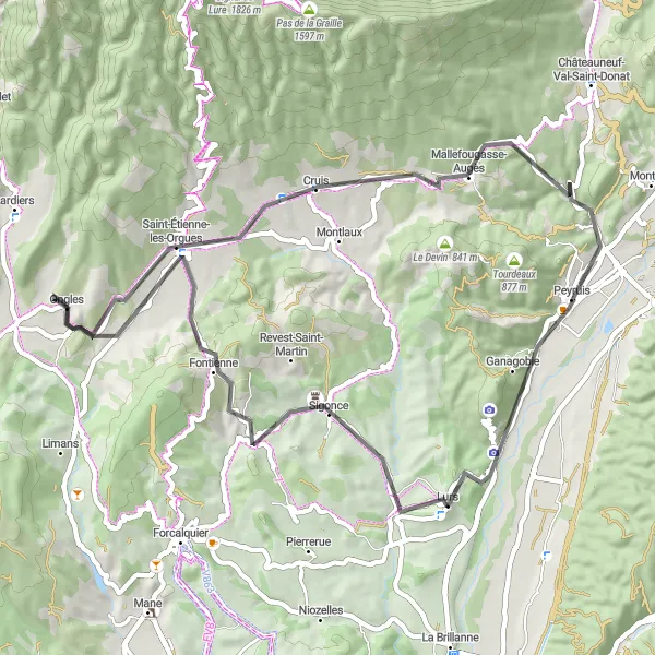 Zemljevid v pomanjšavi "Raziščite podeželje med Peyruis in Fontienne" kolesarske inspiracije v Provence-Alpes-Côte d’Azur, France. Generirano z načrtovalcem kolesarskih poti Tarmacs.app