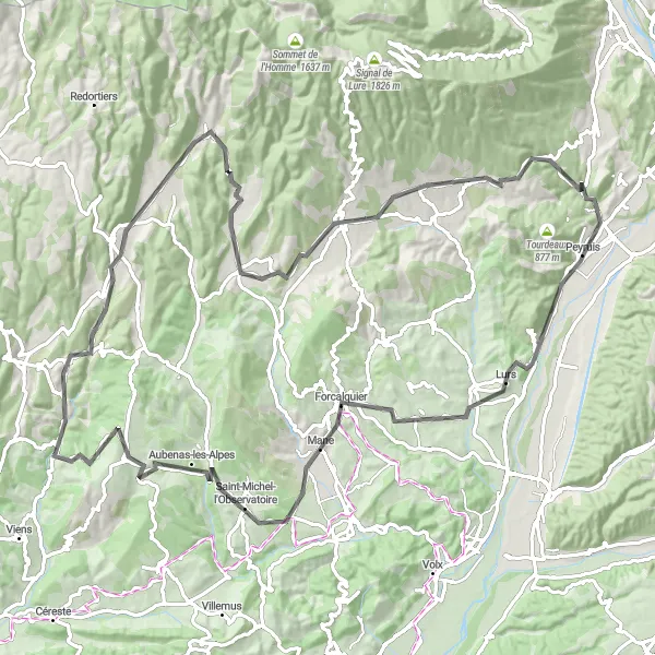 Mapa miniatúra "Road okruh cez Forcalquier a Bondon" cyklistická inšpirácia v Provence-Alpes-Côte d’Azur, France. Vygenerované cyklistickým plánovačom trás Tarmacs.app