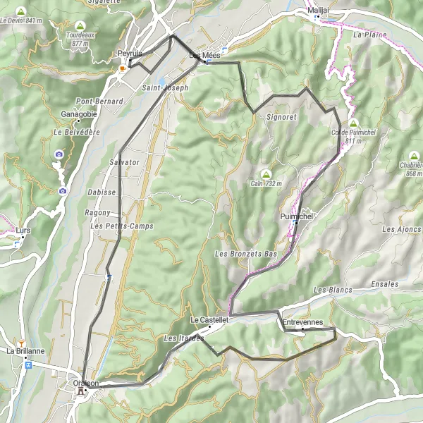 Map miniature of "Scenic Road Cycling Route through Les Mées and Oraison" cycling inspiration in Provence-Alpes-Côte d’Azur, France. Generated by Tarmacs.app cycling route planner