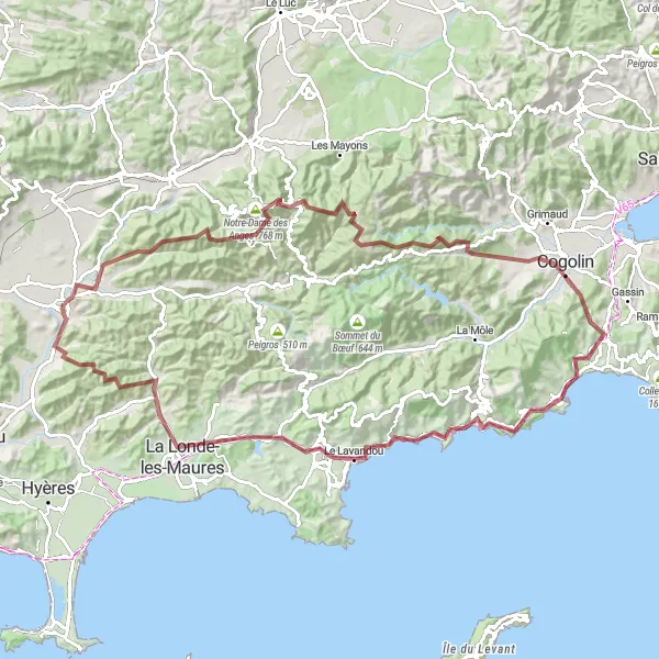 Zemljevid v pomanjšavi "Gravelni izziv okoli Pierrefeu-du-Var" kolesarske inspiracije v Provence-Alpes-Côte d’Azur, France. Generirano z načrtovalcem kolesarskih poti Tarmacs.app