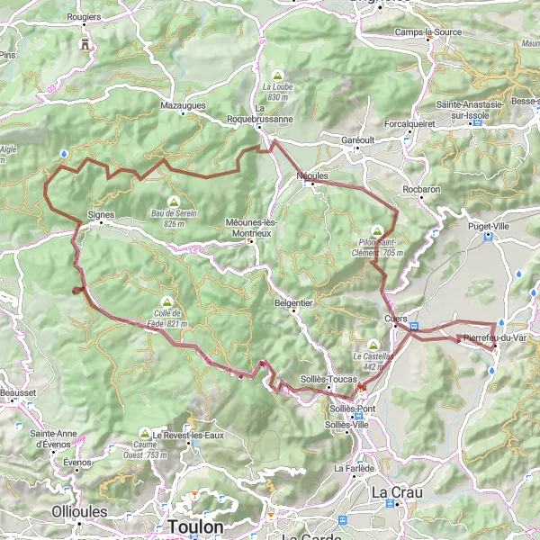Miniatua del mapa de inspiración ciclista "Ruta de grava a través de Pierrefeu-du-Var" en Provence-Alpes-Côte d’Azur, France. Generado por Tarmacs.app planificador de rutas ciclistas