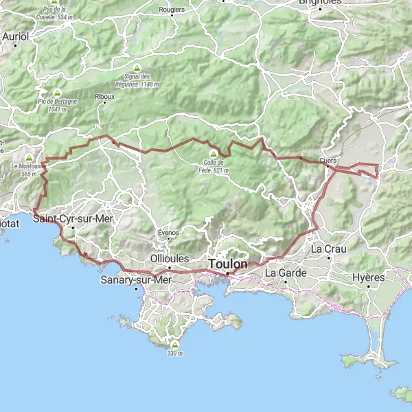 Kartminiatyr av "Utfordrende grusvei sykkeltur rundt Pierrefeu-du-Var" sykkelinspirasjon i Provence-Alpes-Côte d’Azur, France. Generert av Tarmacs.app sykkelrutoplanlegger