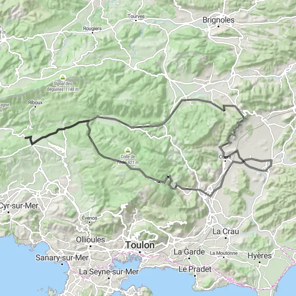 Zemljevid v pomanjšavi "Cestna kolesarka pot okoli Pierrefeu-du-Var" kolesarske inspiracije v Provence-Alpes-Côte d’Azur, France. Generirano z načrtovalcem kolesarskih poti Tarmacs.app