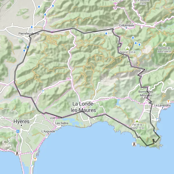 Miniaturní mapa "Okružní cyklistická trasa z Pierrefeu-du-Var" inspirace pro cyklisty v oblasti Provence-Alpes-Côte d’Azur, France. Vytvořeno pomocí plánovače tras Tarmacs.app