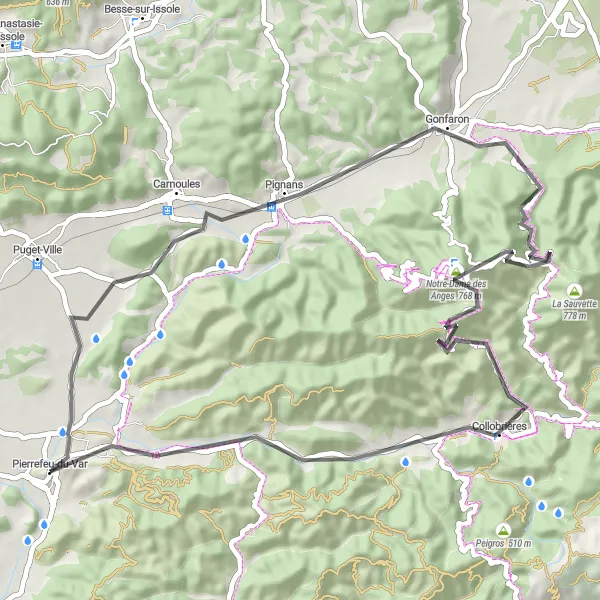 Miniatua del mapa de inspiración ciclista "Ruta escénica por carretera desde Pierrefeu-du-Var" en Provence-Alpes-Côte d’Azur, France. Generado por Tarmacs.app planificador de rutas ciclistas