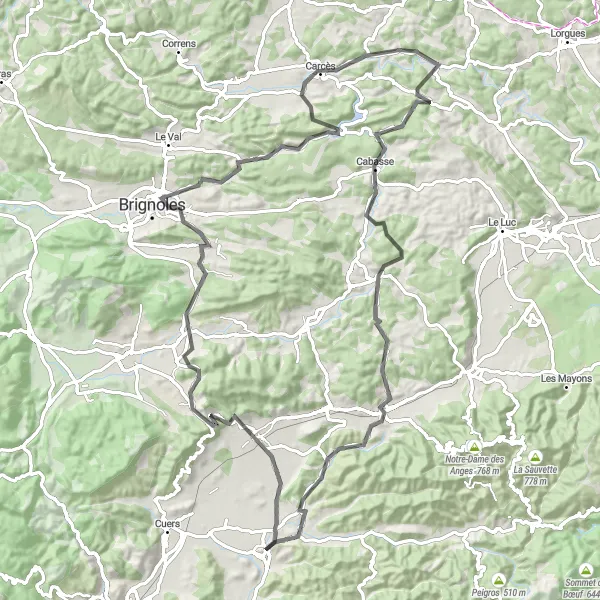 Map miniature of "Provence Countryside Ride" cycling inspiration in Provence-Alpes-Côte d’Azur, France. Generated by Tarmacs.app cycling route planner