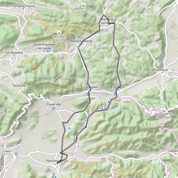 Miniaturní mapa "Cyklistická trasa kolem Pierrefeu-du-Var" inspirace pro cyklisty v oblasti Provence-Alpes-Côte d’Azur, France. Vytvořeno pomocí plánovače tras Tarmacs.app