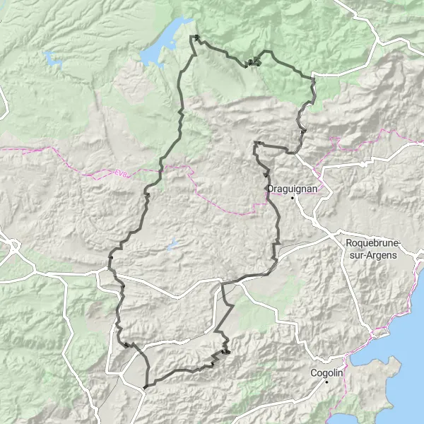 Miniatura mapy "Trasa przez Verdon Gorge i Pont de l'Artuby" - trasy rowerowej w Provence-Alpes-Côte d’Azur, France. Wygenerowane przez planer tras rowerowych Tarmacs.app