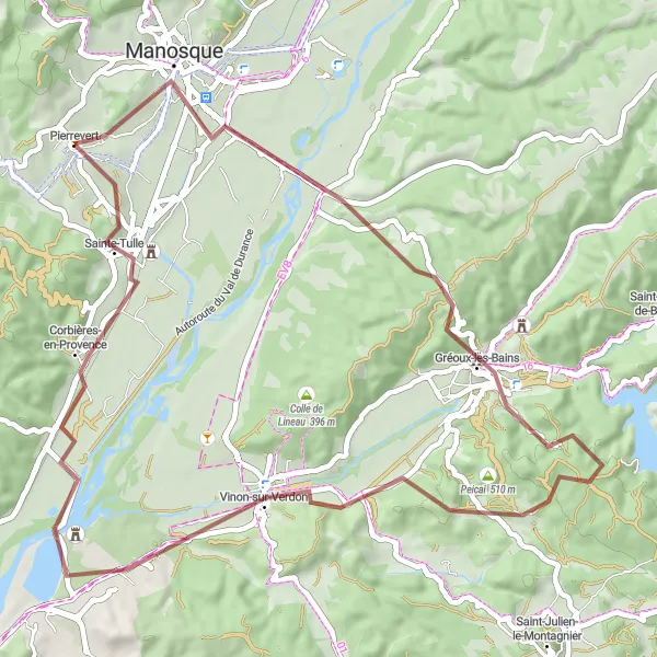 Map miniature of "Manosque and Gréoux-les-Bains Gravel Route" cycling inspiration in Provence-Alpes-Côte d’Azur, France. Generated by Tarmacs.app cycling route planner