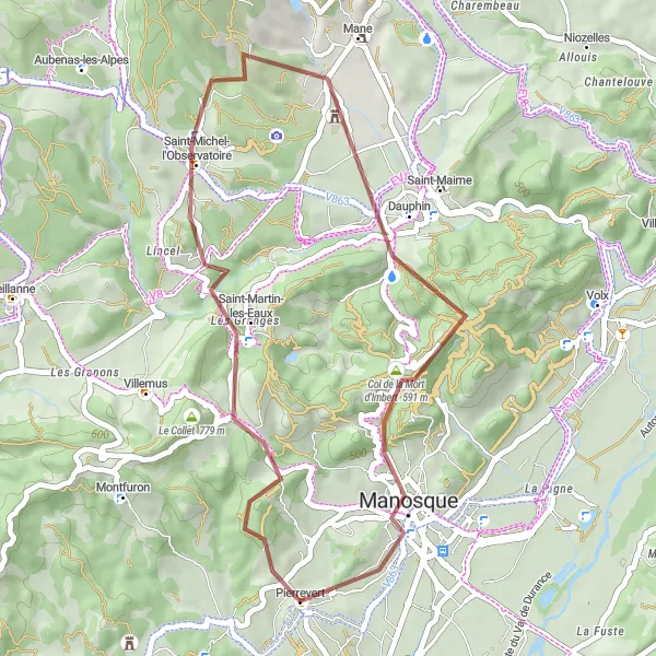 Map miniature of "Saint-Michel-l'Observatoire and Château de Sauvan Gravel Route" cycling inspiration in Provence-Alpes-Côte d’Azur, France. Generated by Tarmacs.app cycling route planner