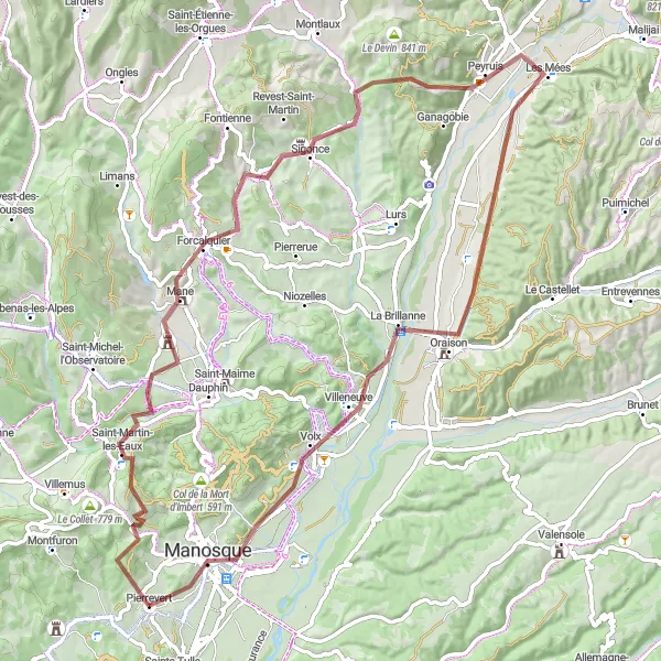 Miniatua del mapa de inspiración ciclista "Aventura gravel por los alrededores de Pierrevert" en Provence-Alpes-Côte d’Azur, France. Generado por Tarmacs.app planificador de rutas ciclistas