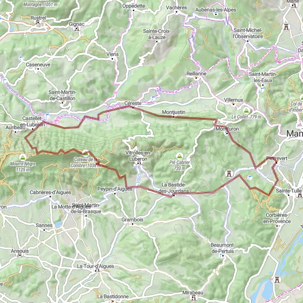 Map miniature of "Château Sainte-Marguerite and Céreste Gravel Route" cycling inspiration in Provence-Alpes-Côte d’Azur, France. Generated by Tarmacs.app cycling route planner