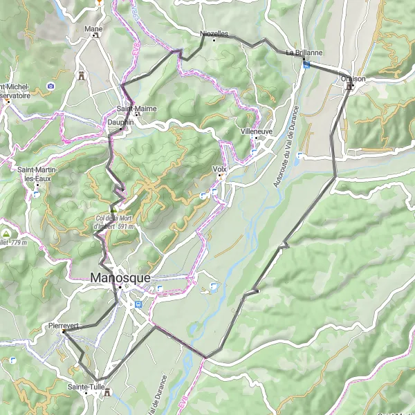 Miniature de la carte de l'inspiration cycliste "Route de Pierrevert à Sainte-Tulle" dans la Provence-Alpes-Côte d’Azur, France. Générée par le planificateur d'itinéraire cycliste Tarmacs.app