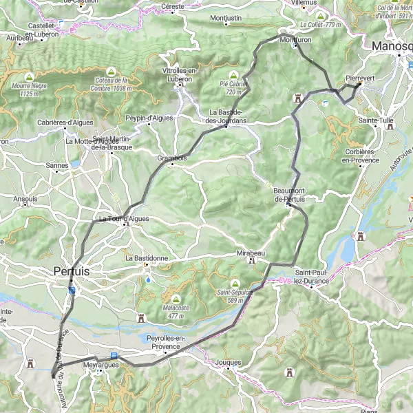 Mapa miniatúra "Cyklotrasa cez Beaumont-de-Pertuis" cyklistická inšpirácia v Provence-Alpes-Côte d’Azur, France. Vygenerované cyklistickým plánovačom trás Tarmacs.app
