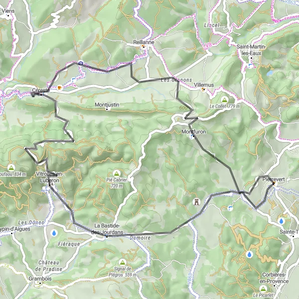 Zemljevid v pomanjšavi "Pustolovščina med starodavnimi vasicami" kolesarske inspiracije v Provence-Alpes-Côte d’Azur, France. Generirano z načrtovalcem kolesarskih poti Tarmacs.app