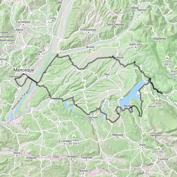 Miniatua del mapa de inspiración ciclista "Gran tour por la región de Valensole a Gréoux-les-Bains" en Provence-Alpes-Côte d’Azur, France. Generado por Tarmacs.app planificador de rutas ciclistas
