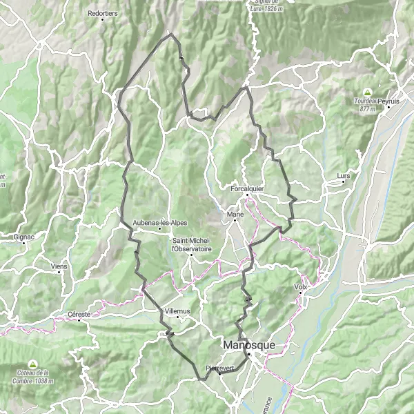 Miniaturní mapa "Cyklotrasa kolem Saint-Étienne-les-Orgues" inspirace pro cyklisty v oblasti Provence-Alpes-Côte d’Azur, France. Vytvořeno pomocí plánovače tras Tarmacs.app