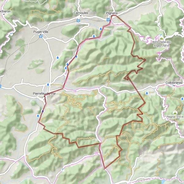 Mapa miniatúra "Gravelový okruh z Pignans" cyklistická inšpirácia v Provence-Alpes-Côte d’Azur, France. Vygenerované cyklistickým plánovačom trás Tarmacs.app