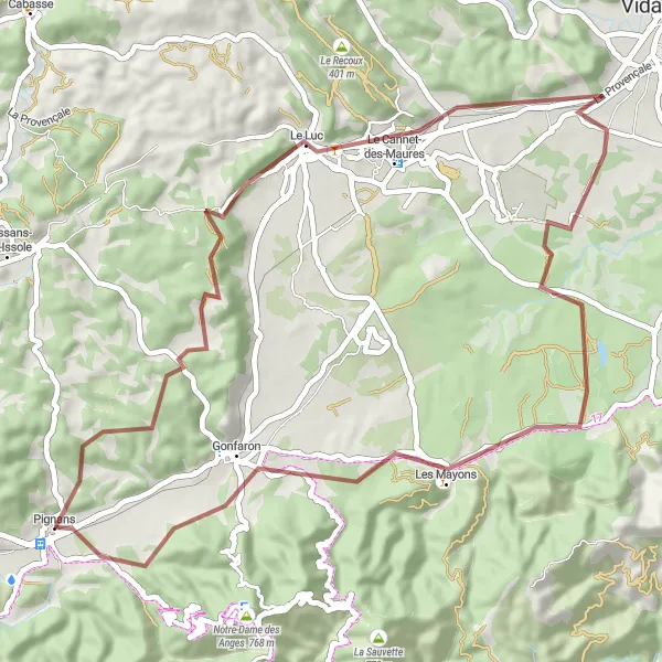 Kartminiatyr av "Grusveiturer i Skoger og Dale rundt Pignans" sykkelinspirasjon i Provence-Alpes-Côte d’Azur, France. Generert av Tarmacs.app sykkelrutoplanlegger