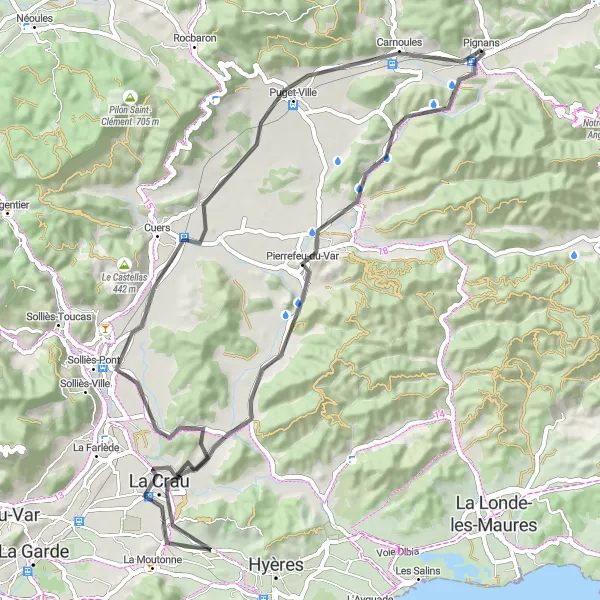 Map miniature of "Pignans to Pierrefeu-du-Var road ride" cycling inspiration in Provence-Alpes-Côte d’Azur, France. Generated by Tarmacs.app cycling route planner