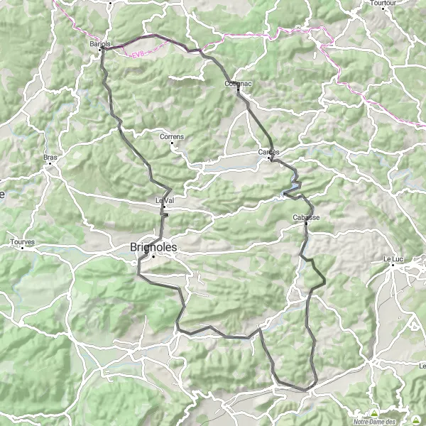 Karttaminiaatyyri "Carnoules - Tour Garnier - Brignoles - Colle de Paul - Barjols - Cotignac - La Fare Loop" pyöräilyinspiraatiosta alueella Provence-Alpes-Côte d’Azur, France. Luotu Tarmacs.app pyöräilyreittisuunnittelijalla
