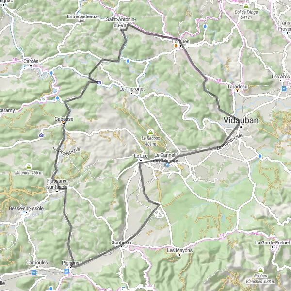 Zemljevid v pomanjšavi "Pignans - Colle Hospitalière - Pignans" kolesarske inspiracije v Provence-Alpes-Côte d’Azur, France. Generirano z načrtovalcem kolesarskih poti Tarmacs.app