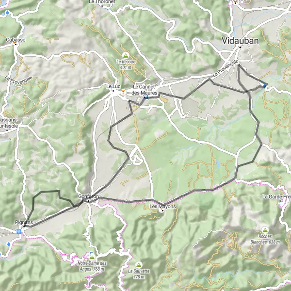 Zemljevid v pomanjšavi "Pignans - Gonfaron - Pignans" kolesarske inspiracije v Provence-Alpes-Côte d’Azur, France. Generirano z načrtovalcem kolesarskih poti Tarmacs.app