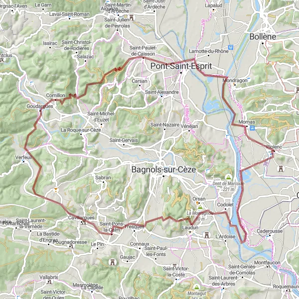 Map miniature of "Gravel Route: Codolet to Mornas" cycling inspiration in Provence-Alpes-Côte d’Azur, France. Generated by Tarmacs.app cycling route planner