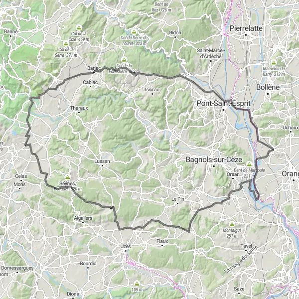 Miniaturní mapa "Trasa kolem Piolenc" inspirace pro cyklisty v oblasti Provence-Alpes-Côte d’Azur, France. Vytvořeno pomocí plánovače tras Tarmacs.app