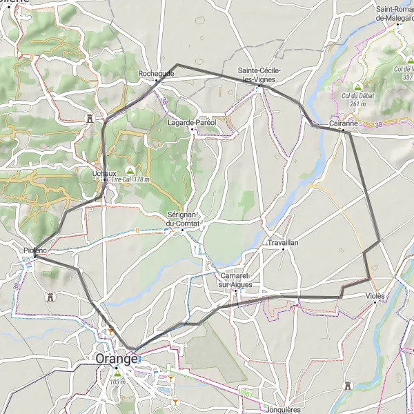 Miniatua del mapa de inspiración ciclista "Ruta de 46 km en carretera desde Piolenc" en Provence-Alpes-Côte d’Azur, France. Generado por Tarmacs.app planificador de rutas ciclistas