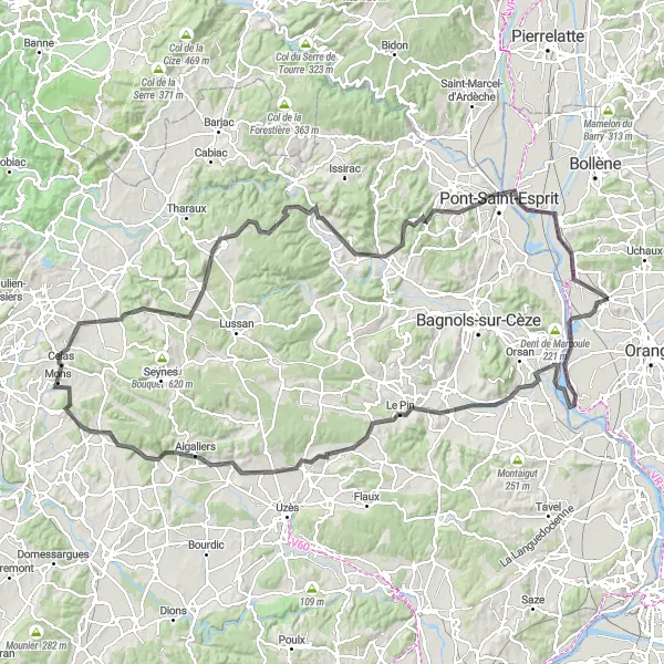 Miniatura mapy "Trasa szosowa z Codolet do Mondragon" - trasy rowerowej w Provence-Alpes-Côte d’Azur, France. Wygenerowane przez planer tras rowerowych Tarmacs.app